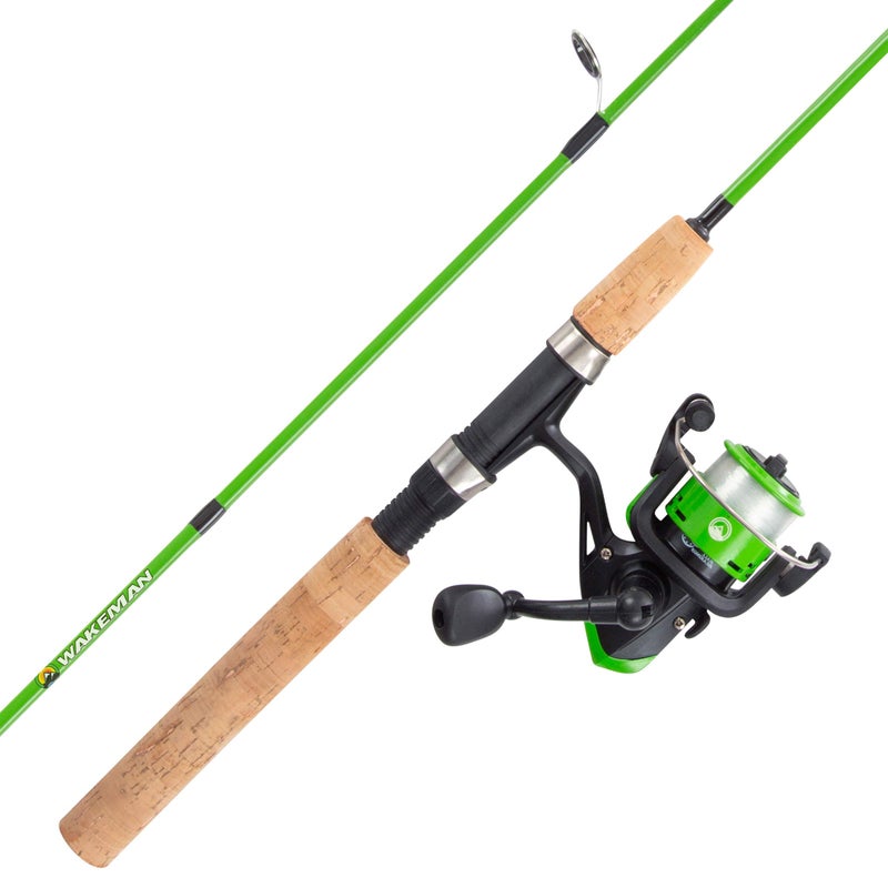 Fishing Rod and Reel Combo - Kettle Series 5' Fiberglass Pole with Spinning Reel, Cork Handle, and Beginners Tackle Kit by Wakeman (Green)